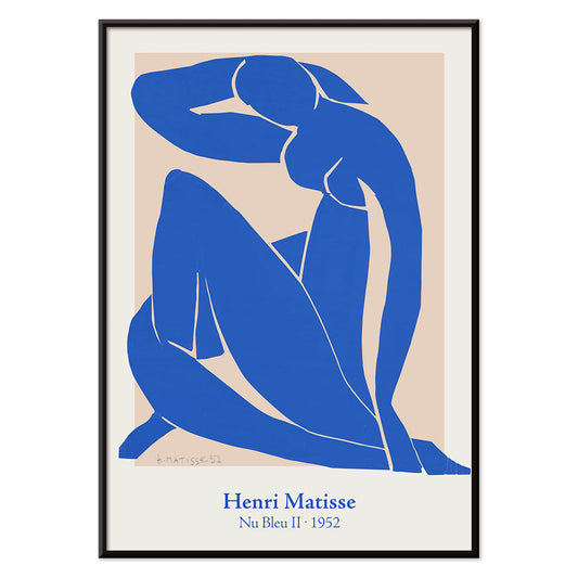 Nu Bleu II by Henri Matisse blue abstract figure art print poster on beige background framed, with black aluminium frame on white background
