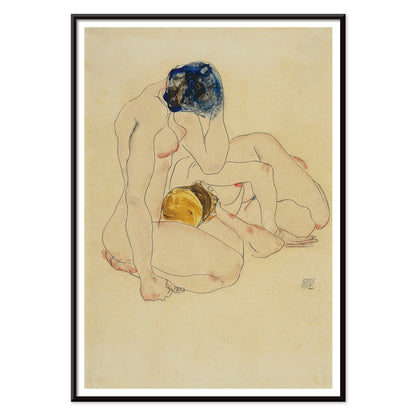 Two Friends by Egon Schiele poster featuring two nude figures in an intimate seated pose with expressive linework artwork, with black aluminium frame on white background
