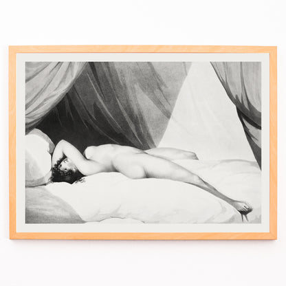 Closeup detail of Nude woman reclining on curtained bed in artwork and poster Nude Reclining on Curtained Bed by William Holland with draped curtains in background