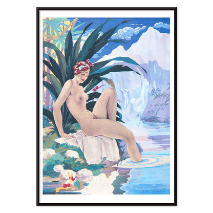 Nude woman by a tropical river in lush nature Tavola per Paul et Virginie by Umberto Brunelleschi poster, with black aluminium frame on white background