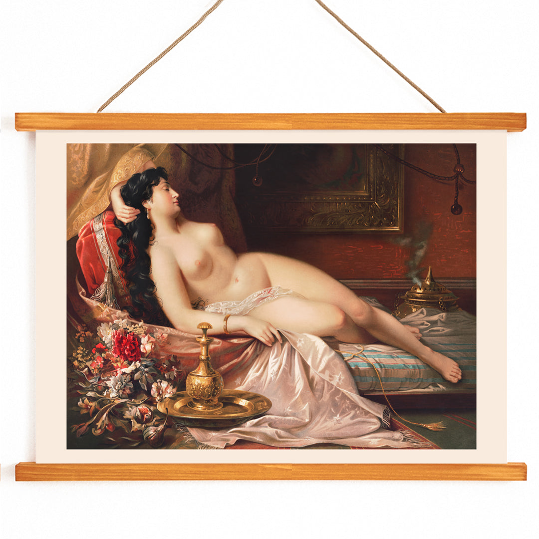 Sleeping beauty art poster featuring a reclining nude woman on luxurious fabrics with ornate objects and flowers in the background, with wooden magnetic frame on white background