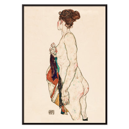 Standing nude woman with a patterned robe artwork by Egon Schiele side view and colorful robe poster, with black aluminium frame on white background