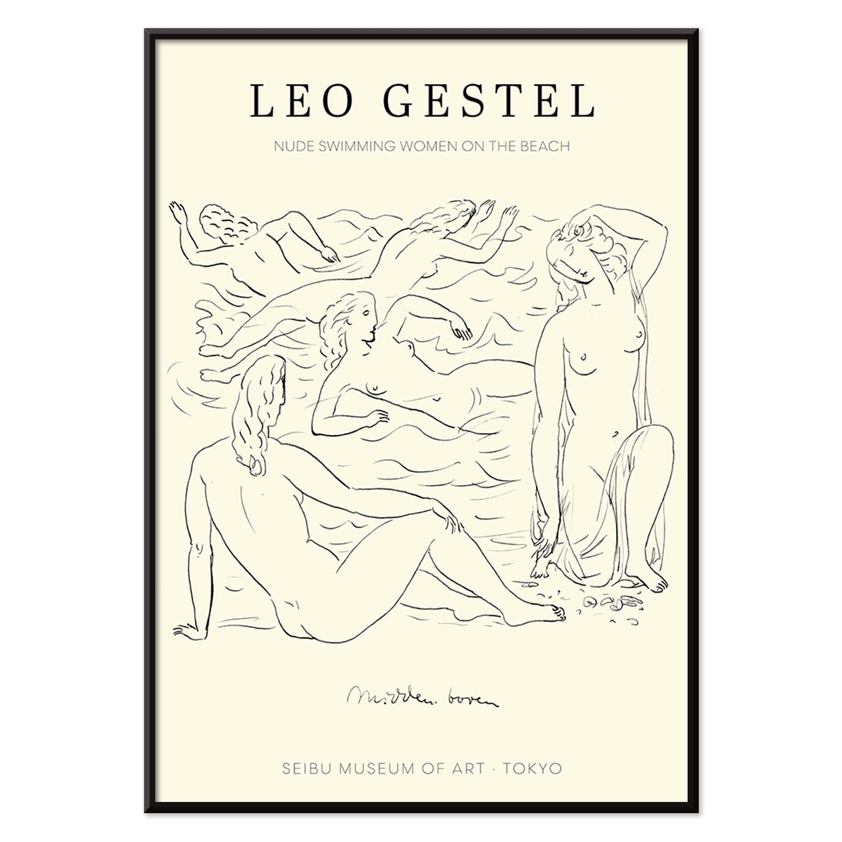 Poster of Nude Women Swimming on the Beach by Leo Gestel in Post Impressionist Style at Seibu Museum of Art Tokyo, with black aluminium frame on white background