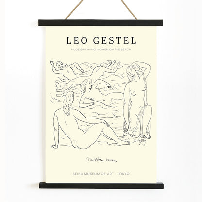 Poster of Nude Women Swimming on the Beach by Leo Gestel in Post Impressionist Style at Seibu Museum of Art Tokyo, with wooden magnetic frame on white background