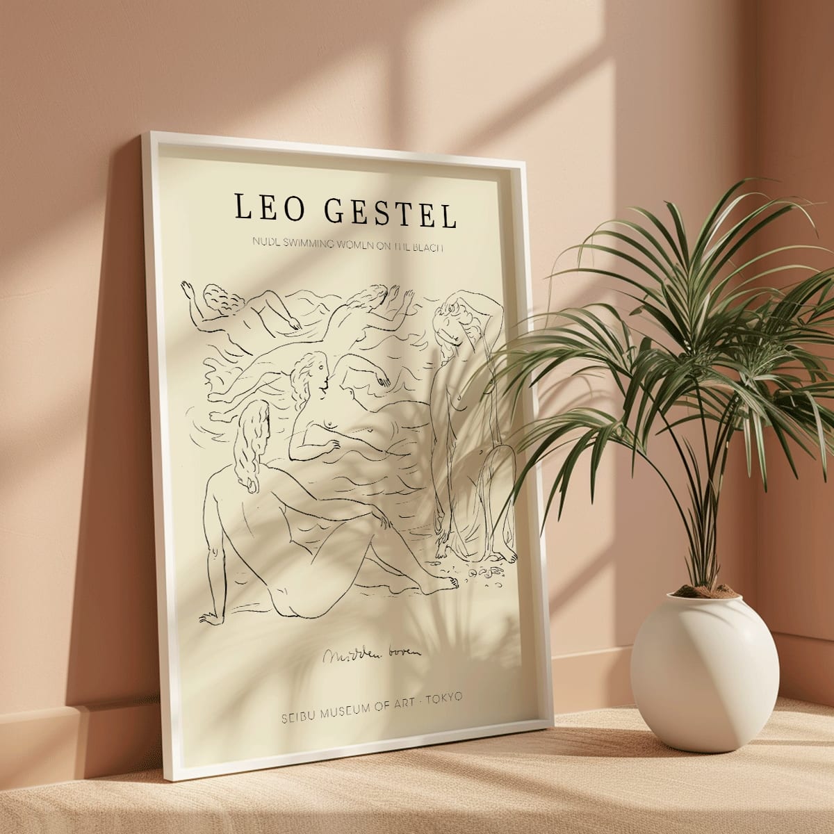 Poster of Nude Women Swimming on the Beach by Leo Gestel in Post Impressionist Style at Seibu Museum of Art Tokyo, framed and displayed in modern living room decor