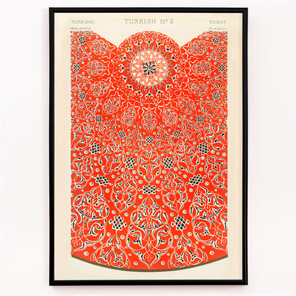 Closeup detail of Intricate red and white Turkish ornamental pattern artwork poster by Owen Jones titled Grammar of Ornament featuring detailed geometric designs