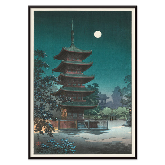 Asakusa Kinryuzan Temple pagoda at night with full moon by Tsuchiya Koitsu from Sketches of Famous Places in Japan poster, with black aluminium frame on white background