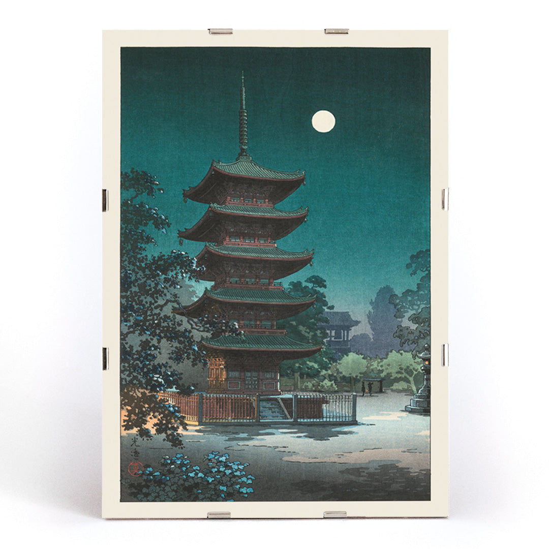 Asakusa Kinryuzan Temple pagoda at night with full moon by Tsuchiya Koitsu from Sketches of Famous Places in Japan poster, framed and displayed in modern living room decor