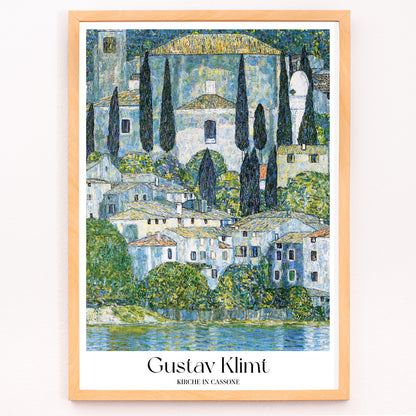 Closeup detail of Kirche in Cassone by Gustav Klimt colorful village and church landscape painting poster with trees and buildings reflected in water