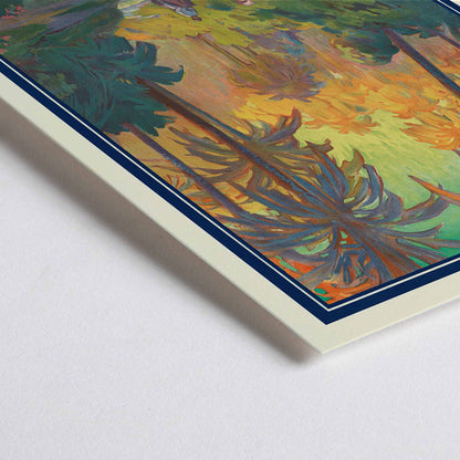 Closeup detail of Oasis de Nefta poster by Joseph de La Nézière with lush palm oasis, warm sunset light, figures and winding stream