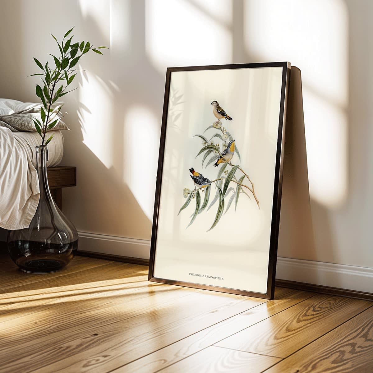 Yellow-rumped Pardalote Pardalotus Xanthopygius artwork featuring three colorful birds perched on eucalyptus branches poster illustration, framed and displayed in modern living room decor