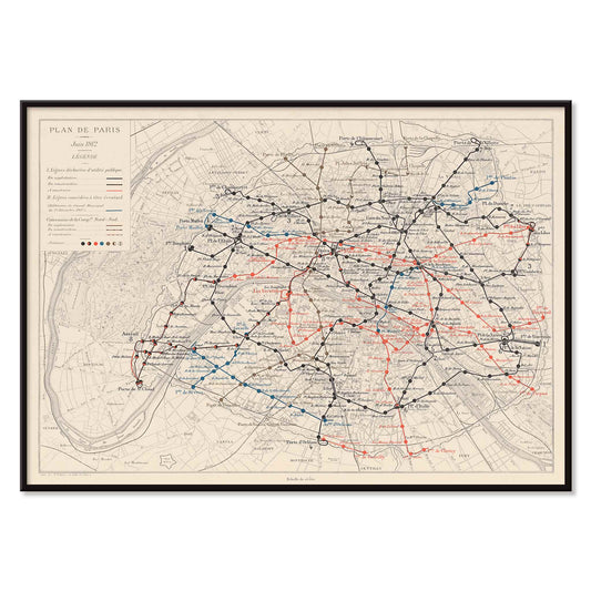 Louis Wuhrer Paris metro map poster vintage city plan with black and red rail lines, with black aluminium frame on white background