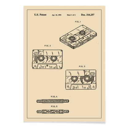 Vintage cassette tape patent illustration and technical drawing poster Audio Tape Patent artwork by US Patents ideal music lover decor, with black aluminium frame on white background
