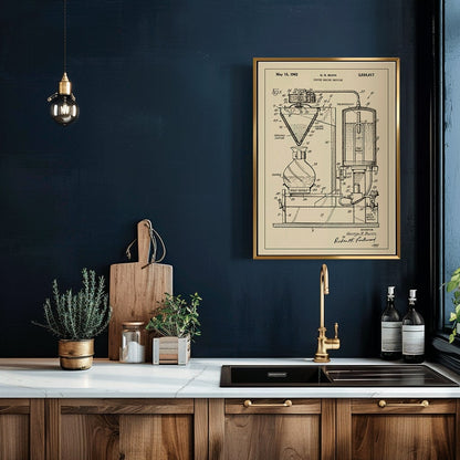 Technical diagram and poster of Coffee Making Machine by G R Bunn detailed drawing, framed and displayed in home decor