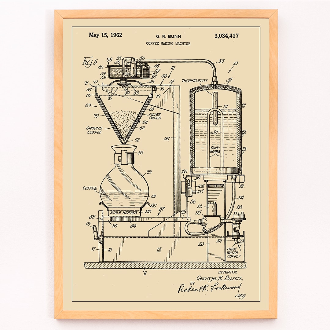 Technical diagram and poster of Coffee Making Machine by G R Bunn detailed drawing, framed and displayed in modern living room decor
