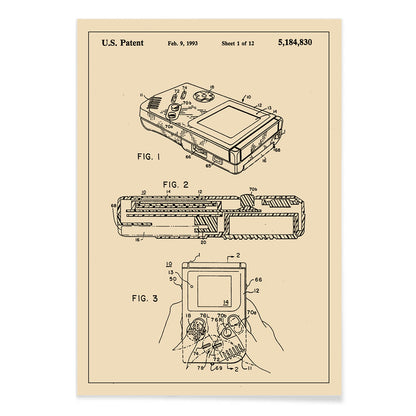 Gameboy Patent technical drawing and poster artwork by Nintendo ideal for gaming decor and collectors, with black aluminium frame on white background