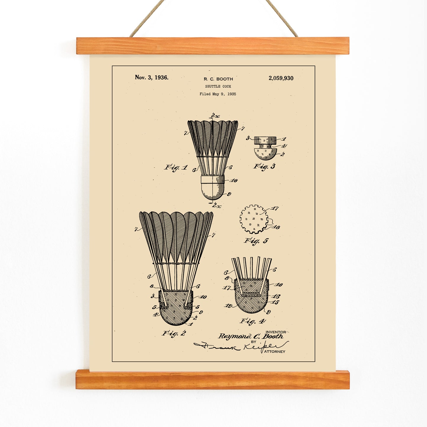 Shuttle Cock patent illustration and poster by R C Booth featuring detailed technical badminton shuttlecock diagrams and artwork, with wooden magnetic frame on white background