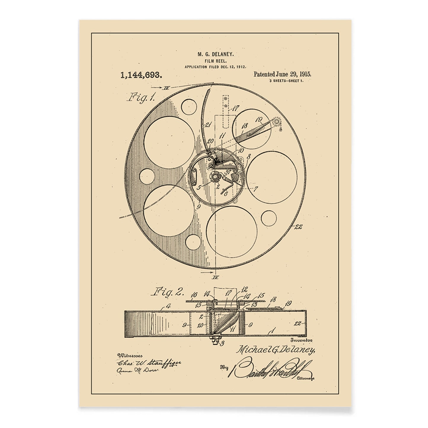 Vintage film reel patent illustration and schematic artwork by M G Delaney for wall art decor, with black aluminium frame on white background