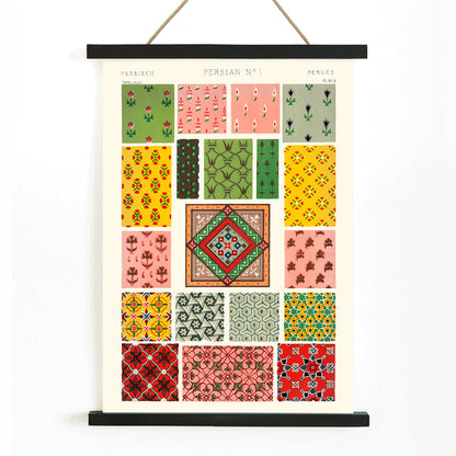 Colorful geometric Persian patterns poster by Owen Jones from Persian 1 Century Grammar of Ornament artwork, with wooden magnetic frame on white background