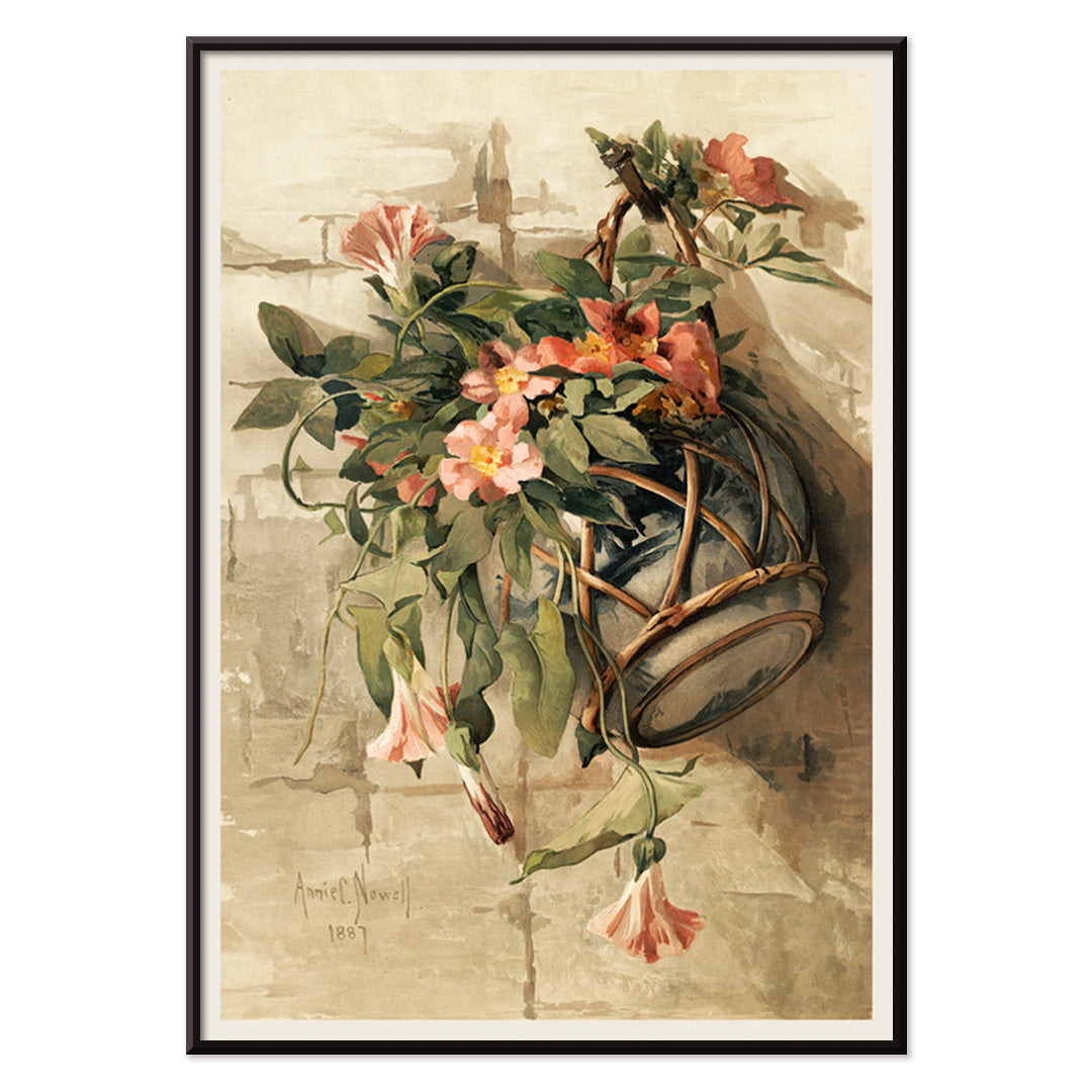 Pink flowers in a hanging vase still life painting by Annie Nowell featuring delicate blooms in a rustic container against a neutral background, with black aluminium frame on white background