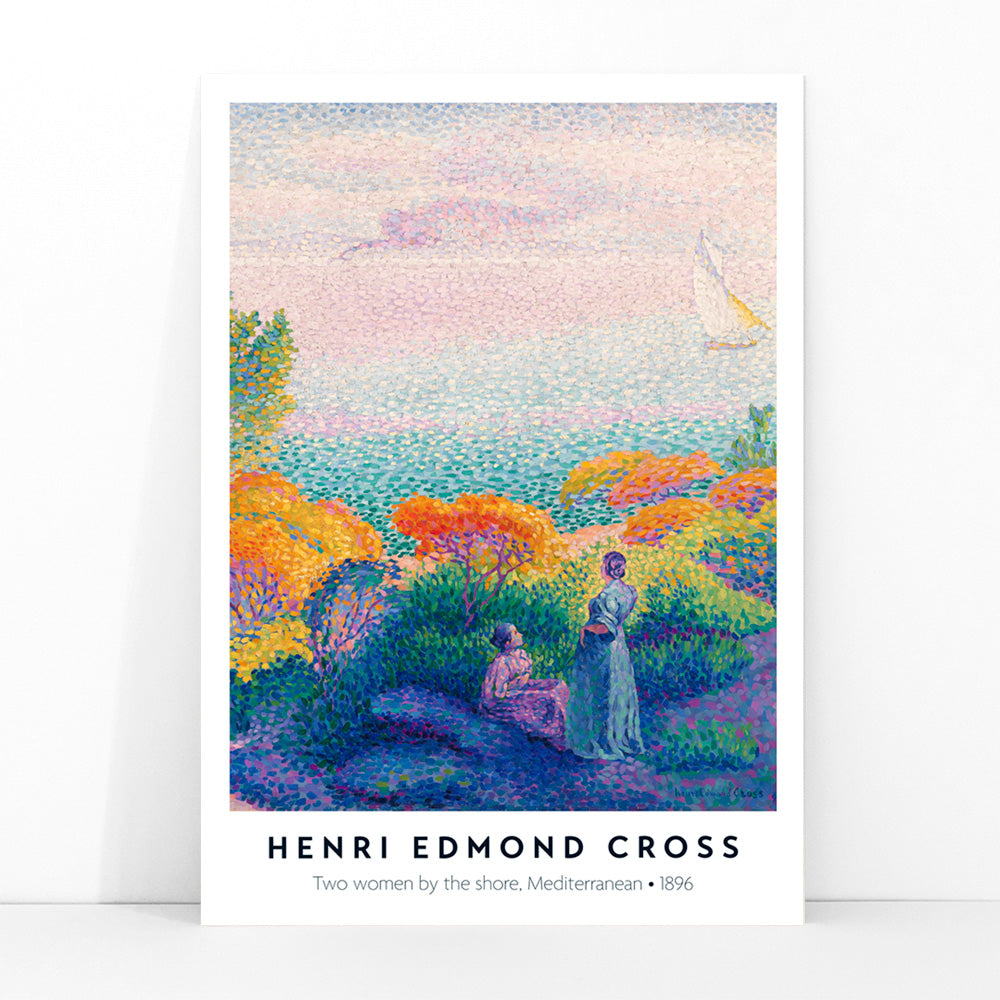 Colorful seascape poster with two women by the Mediterranean shore bright foliage artwork by Henri Edmond Cross Two Women by the Shore, framed and displayed in modern living room decor