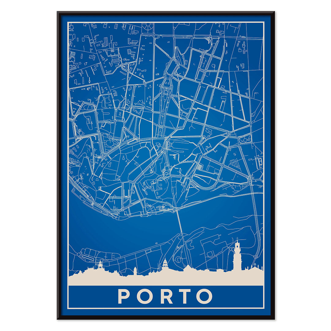 Minimalist blue map of Porto framed poster with white lines modern wall art, with black aluminium frame on white background