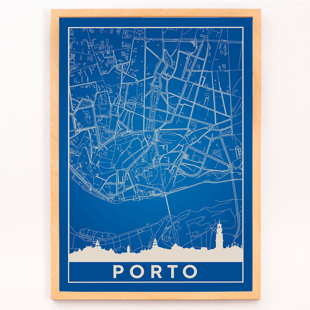 Minimalist blue map of Porto framed poster with white lines modern wall art, framed and displayed in modern living room decor