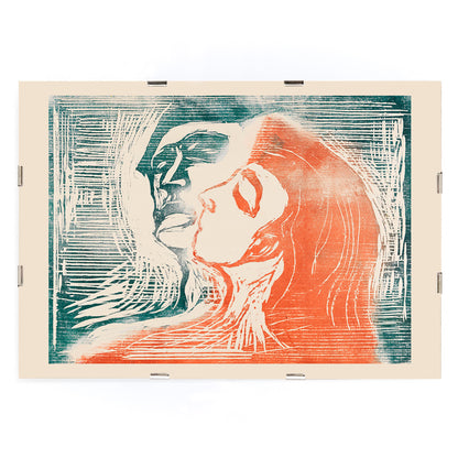 Head by Head by Edvard Munch poster showing man and woman kissing with expressive faces and abstract lines artwork, framed and displayed in modern living room decor