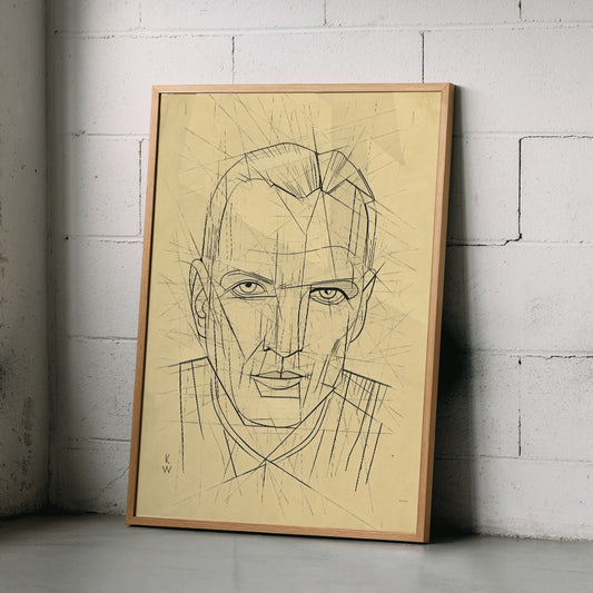 Line drawing and poster of a mans face by Karl Wiener titled Porträt featuring geometric angular portrait details, framed and displayed in home decor