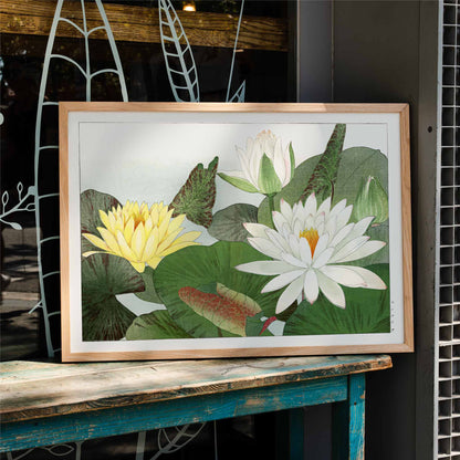 Illustration of yellow and white water lilies with lush green leaves from Nymphaea lotus by Tanigami Konan wall decor poster, framed and displayed in home decor