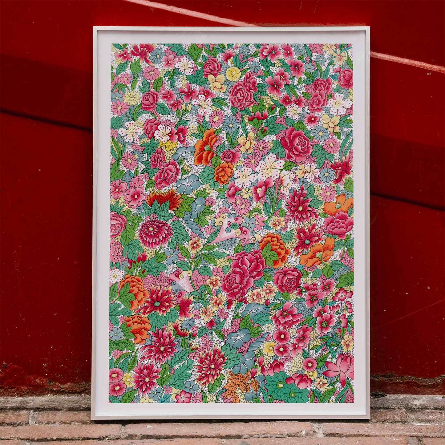 Vibrant floral pattern artwork by Owen Jones featuring intricate blossoms and foliage colorful flower design poster, framed and displayed in home decor