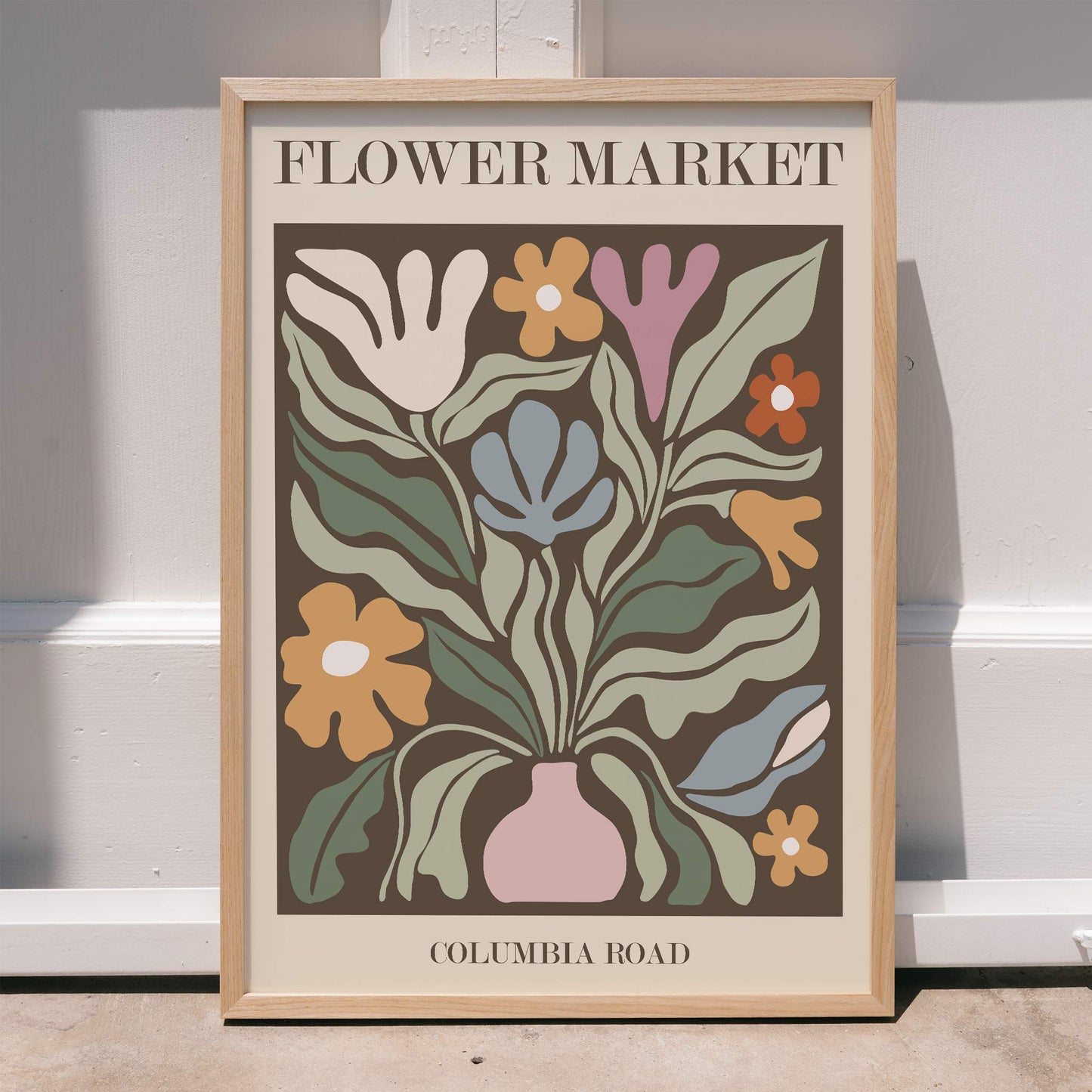 Colorful floral artwork poster Flower Market Columbia Road by Moryarty featuring abstract flowers in a vase, framed and displayed in home decor