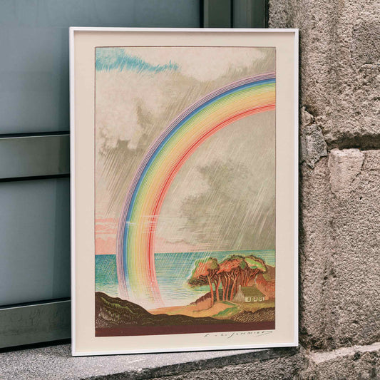 Vibrant rainbow over ocean landscape poster by F L Schmied from Faust tragedie de Goethe translation by Gerard de Nerval, framed and displayed in home decor