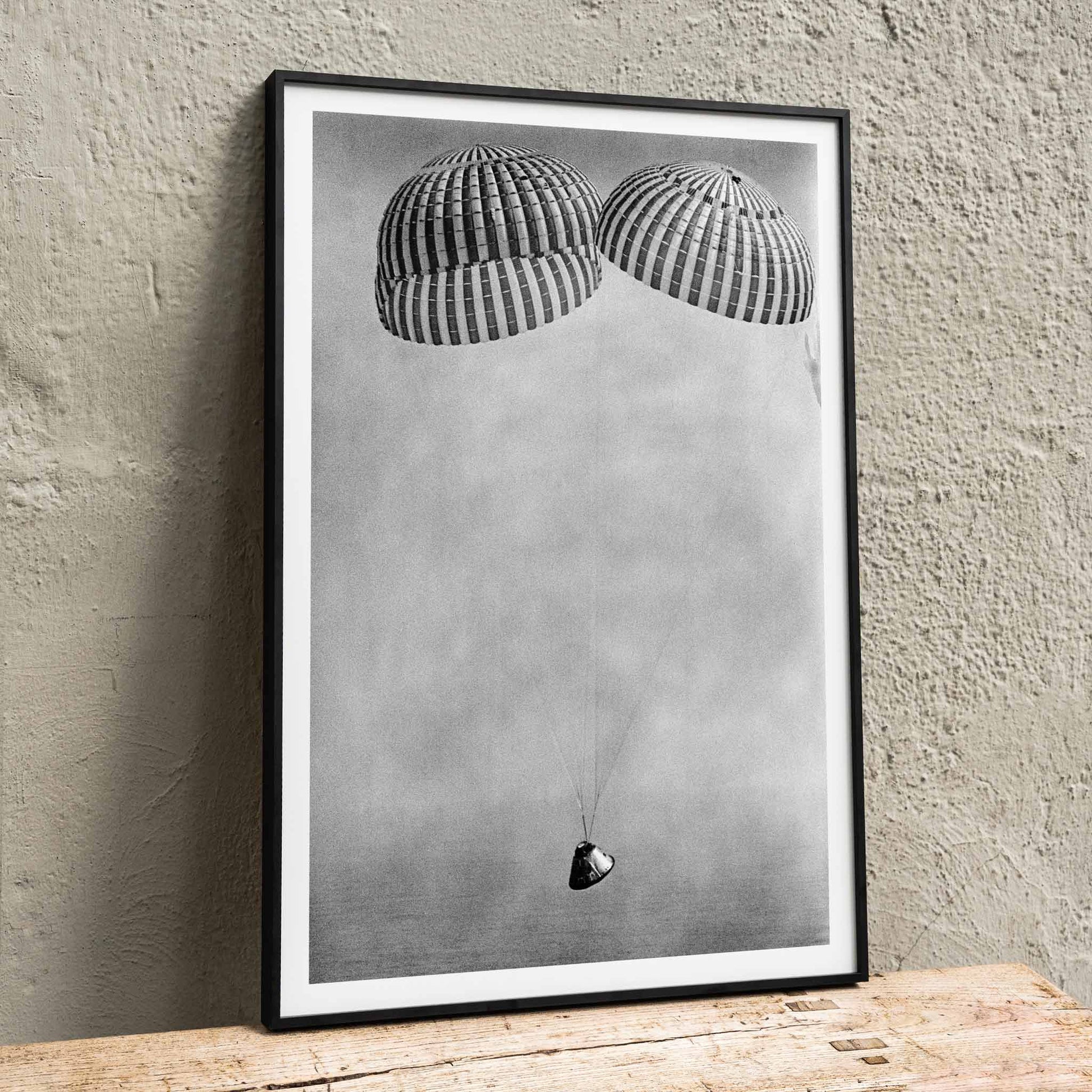 Apollo 9 spacecraft with astronauts McDivitt Scott and Schweickart descending toward Atlantic splashdown with parachutes NASA recovery poster, framed and displayed in home decor