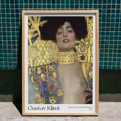Judith and the Head of Holofernes by Gustav Klimt on ornate gold background art poster, framed and displayed in home decor