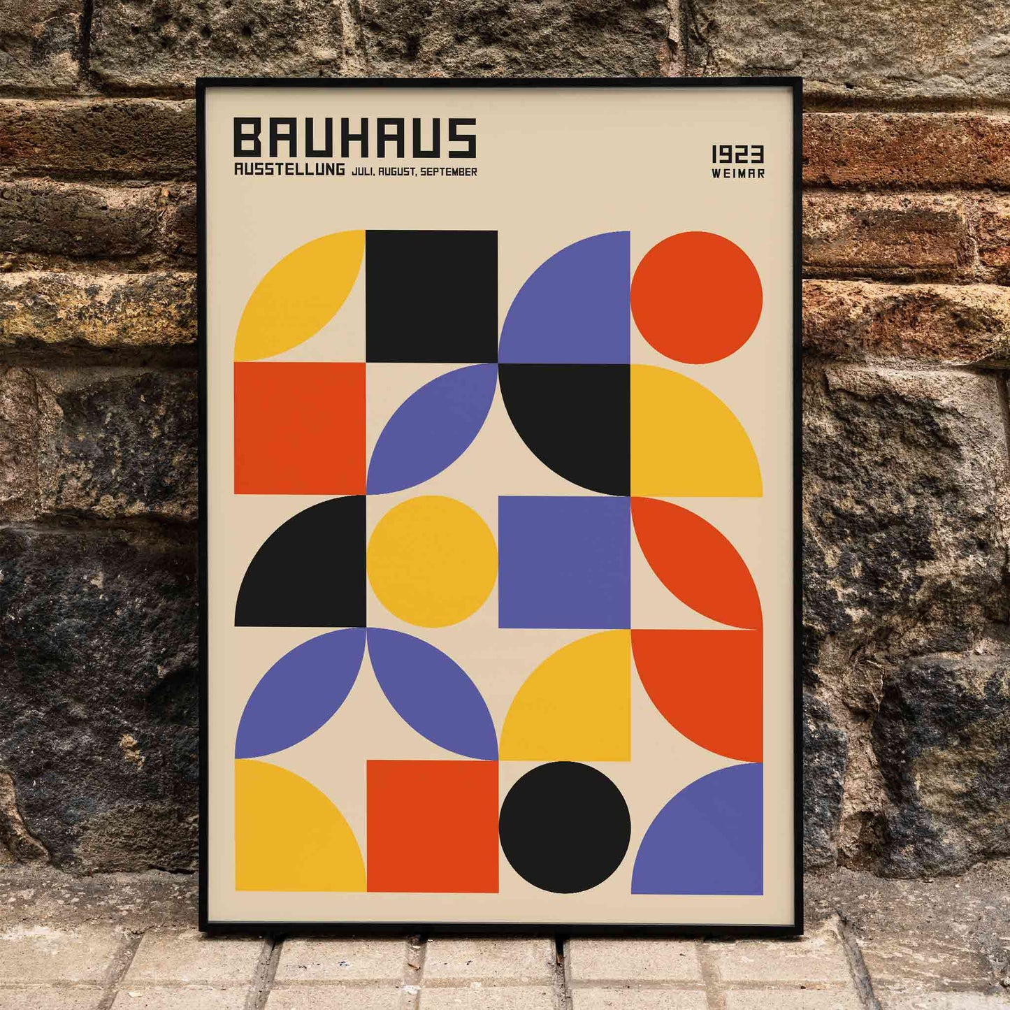 Bauhaus Poster 10 inspired by the Weimar Exhibition featuring colorful geometric shapes in red yellow blue and black on a beige background modern design, framed and displayed in home decor