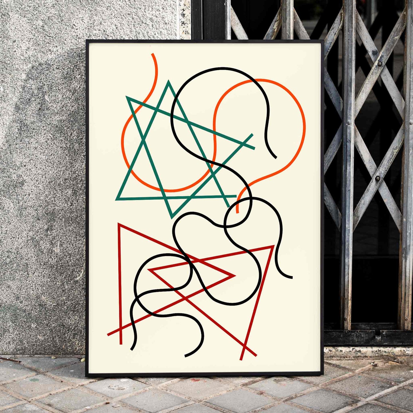 Abstract geometric and wavy lines artwork in green red orange and black by Myriam Thyes titled Lignes géométriques et ondoyantes, framed and displayed in home decor