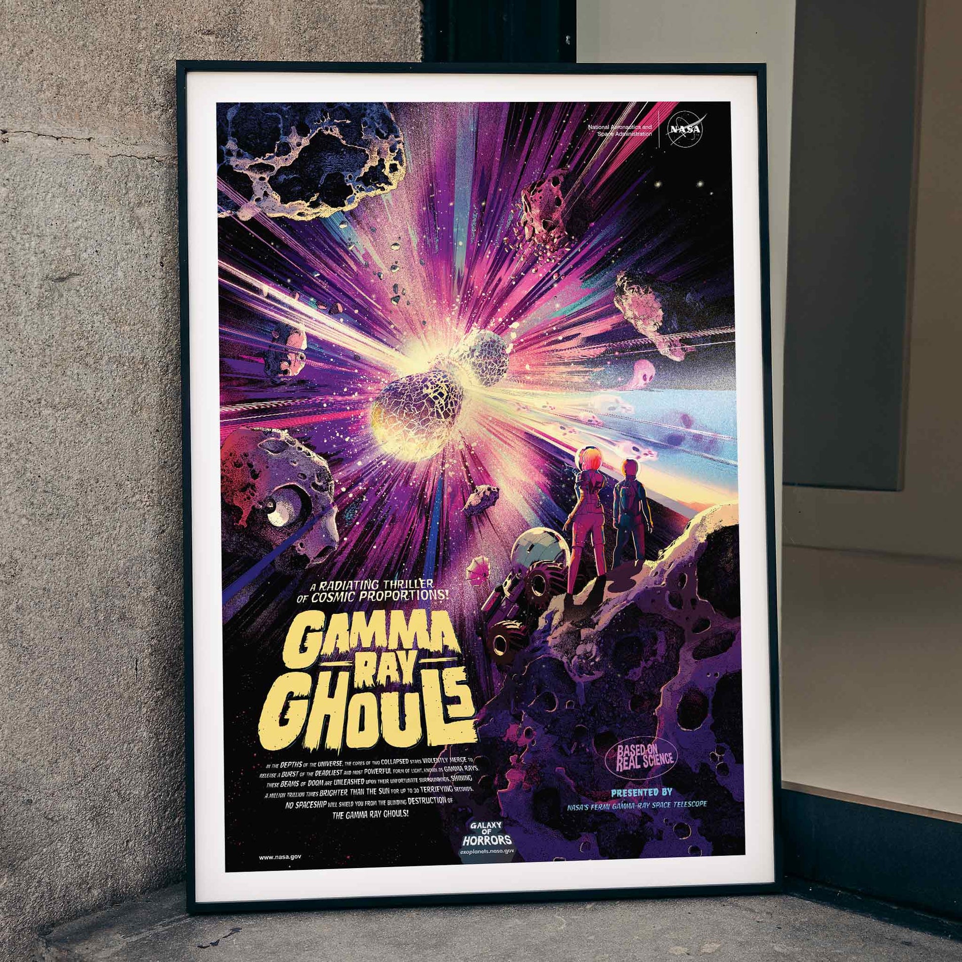 Astronauts and asteroids in vibrant cosmic explosion Gamma Ray Ghouls by NASA space wall art poster, framed and displayed in home decor