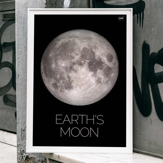NASA poster of Earth Moon detailed lunar surface image with black background white border and labeled Moon, framed and displayed in home decor