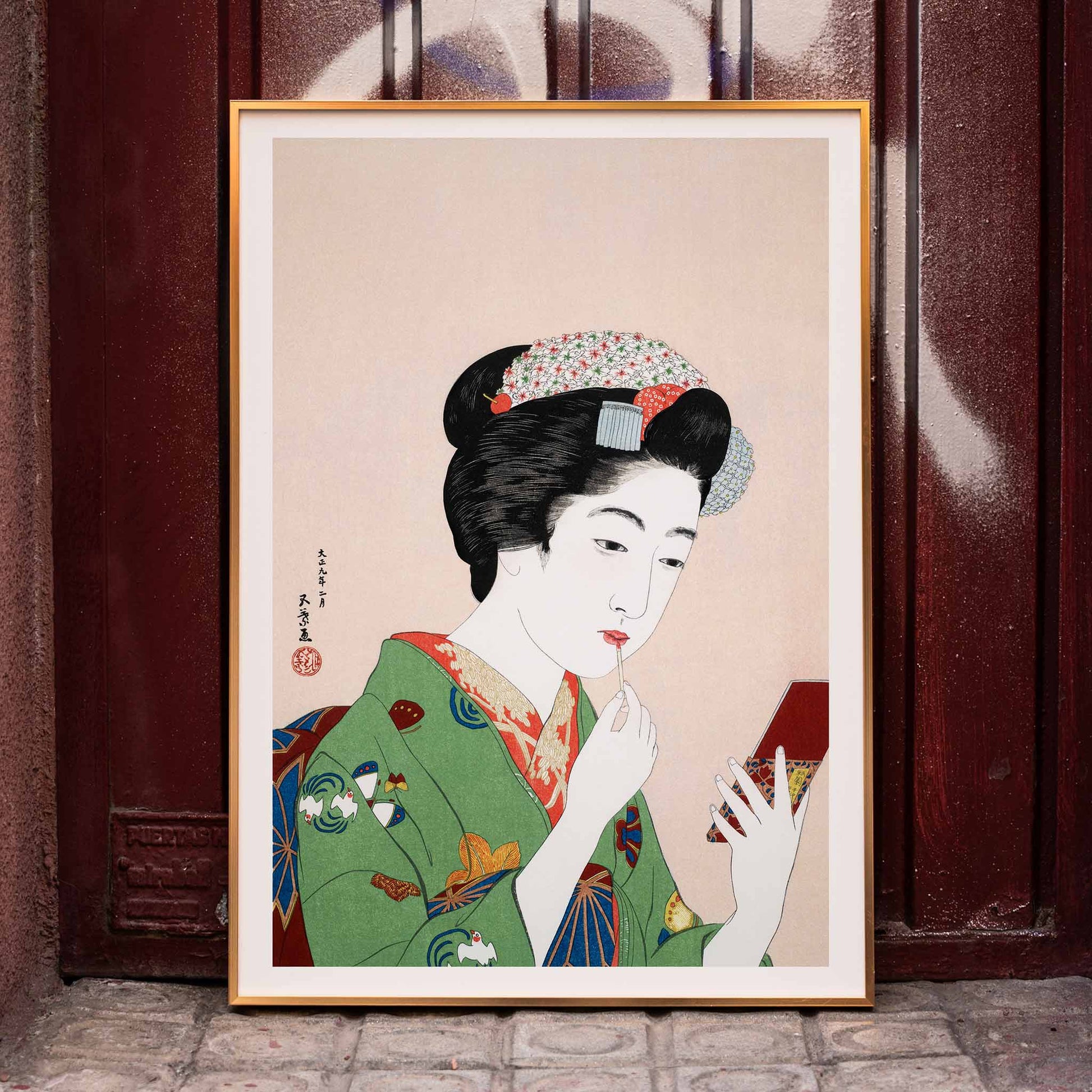 High resolution fine art poster of Japanese woman in kimono applying makeup by Goyo Hashiguchi Woman Applying Rouge, framed and displayed in home decor