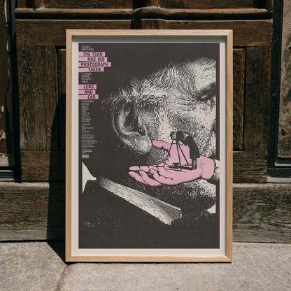 Surreal poster art by Lanny Sommese titled The tsar has his photograph taken featuring a giant ear and a photographer on a hand, framed and displayed in home decor