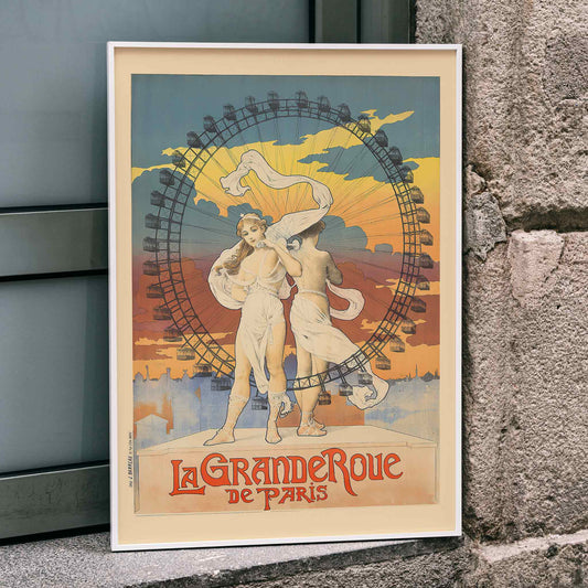Two women in flowing dresses in front of a Ferris wheel at sunset colorful sky La Grande Roue artwork poster, framed and displayed in home decor