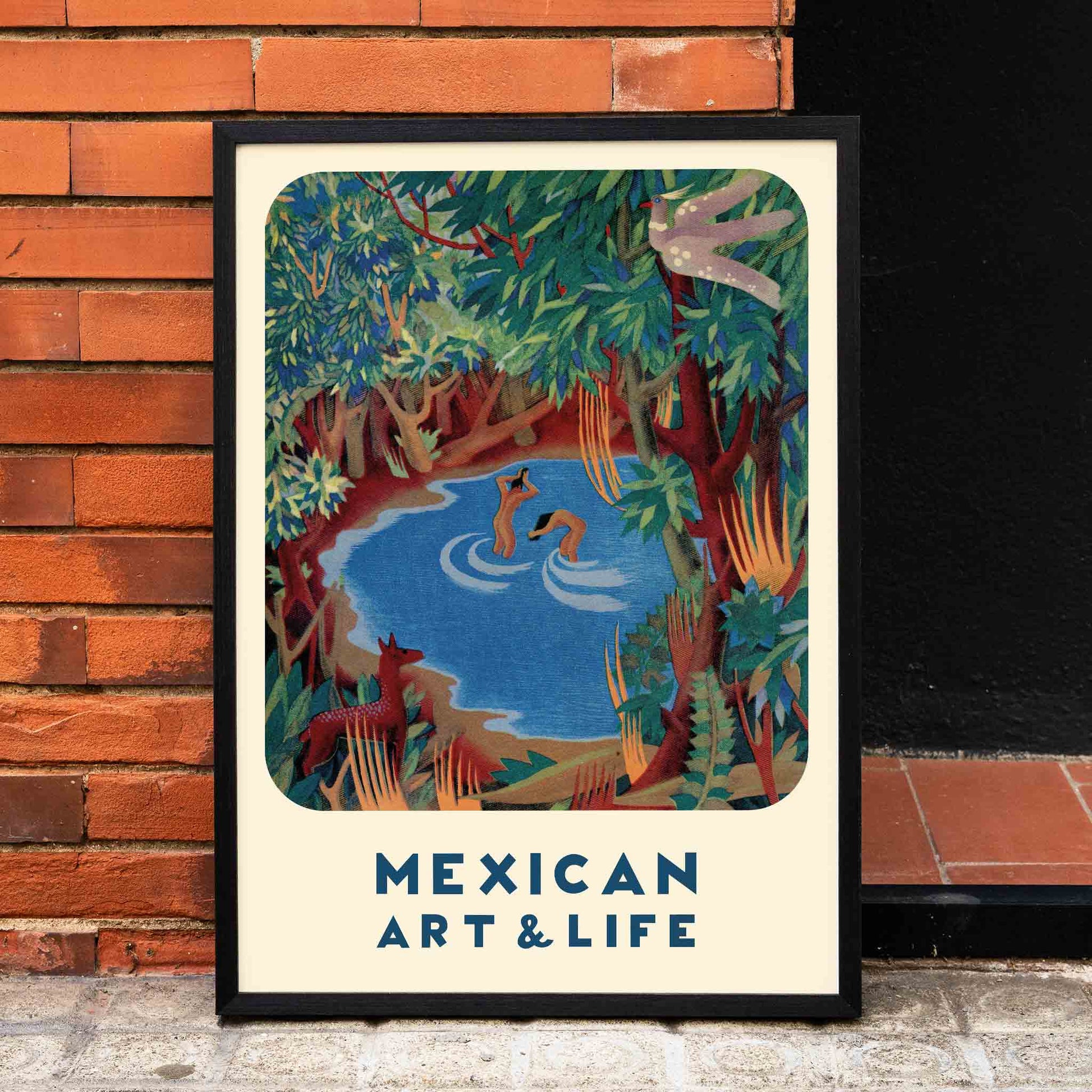 Vibrant forest scene with pond and wildlife by Carlos Merida cover art and poster from Mexican Art and Life, framed and displayed in home decor