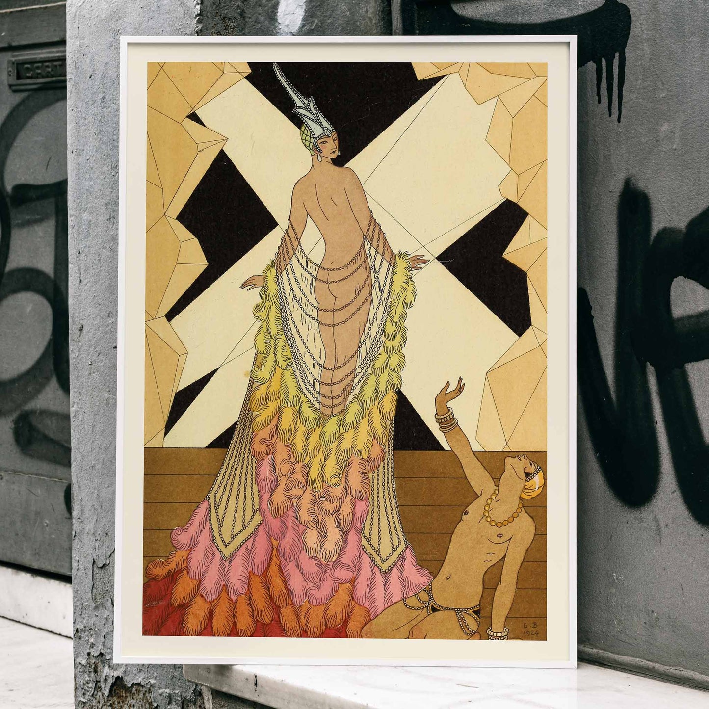 Art deco illustration and poster of elegant woman in feathered gown with kneeling figure inspired by Falbalas et fanfreluches by George Barbier, framed and displayed in home decor