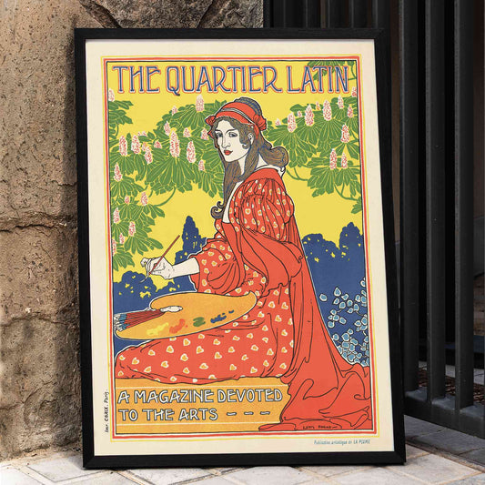 Art Nouveau poster The Quartier Latin by Louis Rhead showing a woman artist in a red dress painting with floral background and vibrant outdoor colors, framed and displayed in home decor