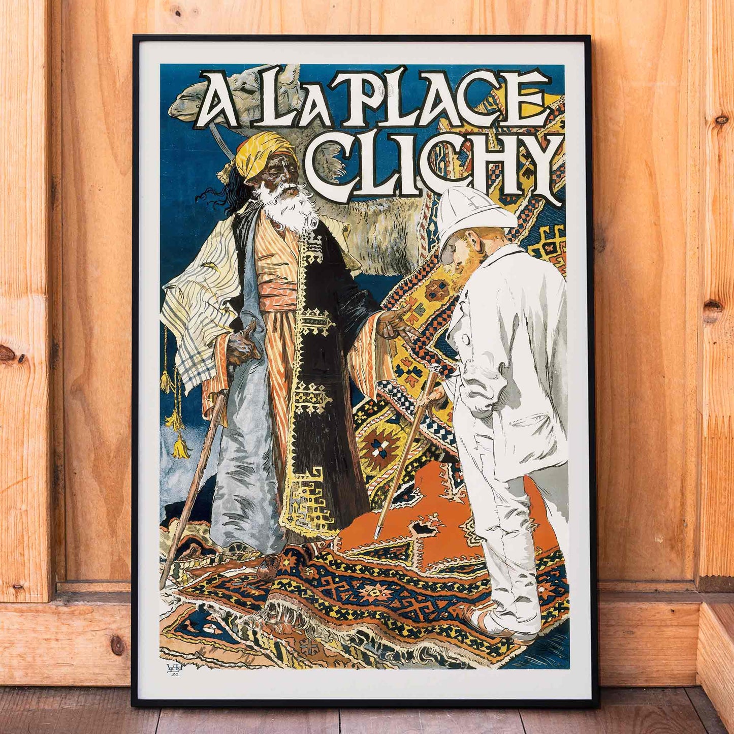 Colorful market scene with two men on ornate patterned rugs poster with bold text A la Place Clichy by Eugene Grasset, framed and displayed in home decor