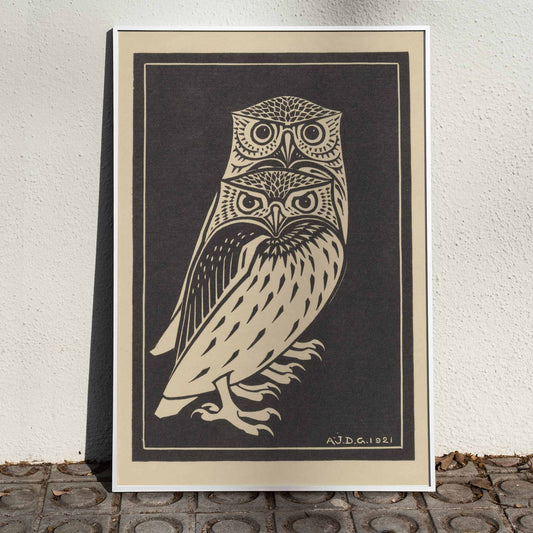 Stylized black and white owls artwork by Julie de Graag titled Two black and white owls illustration and poster, framed and displayed in home decor
