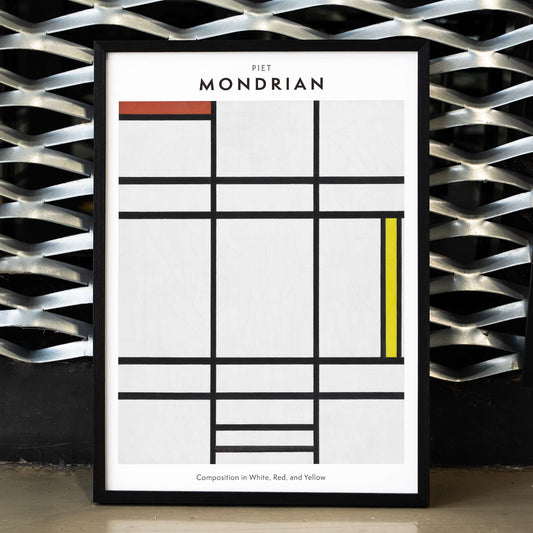 Abstract geometric painting by Piet Mondrian featuring bold black lines geometric shapes and blocks of white red and yellow in Composition in White Red and Yellow poster, framed and displayed in home decor