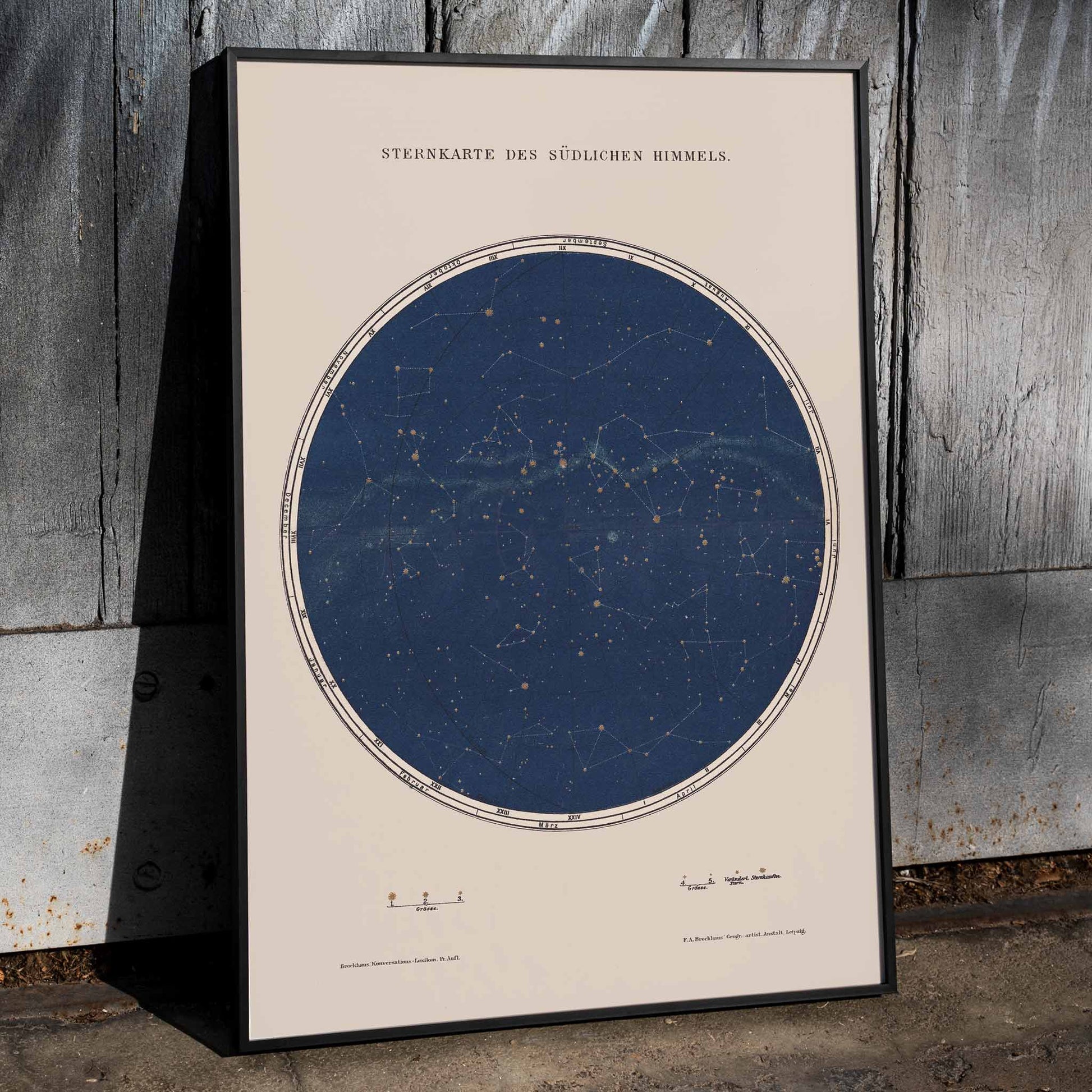 Carte des constellations star map and detailed constellation poster by The Institute of Liepzig southern sky artwork, framed and displayed in home decor