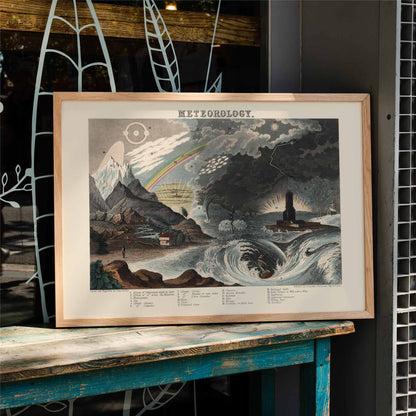 Diagram of meteorology by James Reynolds showing diverse weather phenomena and atmospheric conditions, framed and displayed in home decor